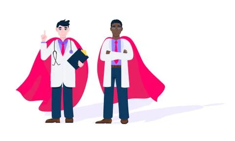 Two doctors with hero cape behind hospital medical employee fight against Stock Illustration