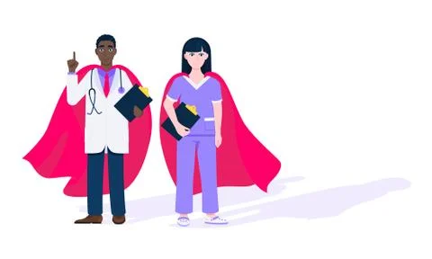 Two doctors with hero cape behind hospital medical employee fight against Stock Illustration