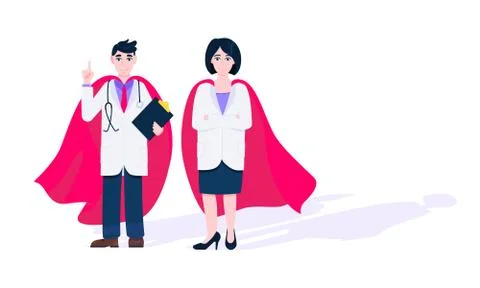 Two doctors with hero cape behind hospital medical employee fight against Stock Illustration