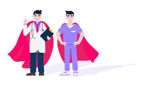 Two doctors with hero cape behind hospital medical employee fight against Stock Illustration