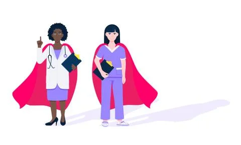 Two doctors with hero cape behind hospital medical employee fight against Stock Illustration
