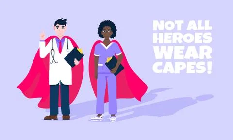 Two doctors with hero cape behind hospital medical employee. Stock-Illustration