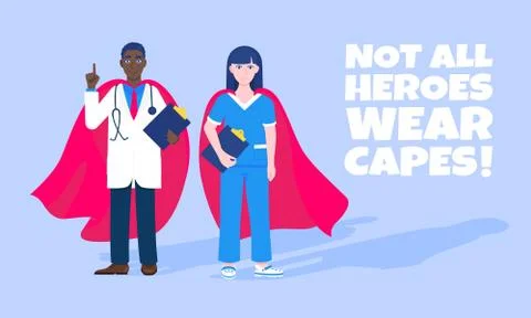 Two doctors with hero cape behind hospital medical employee. Stock Illustration