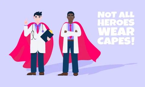 Two doctors with hero cape behind hospital medical employee fight against Stock Illustration