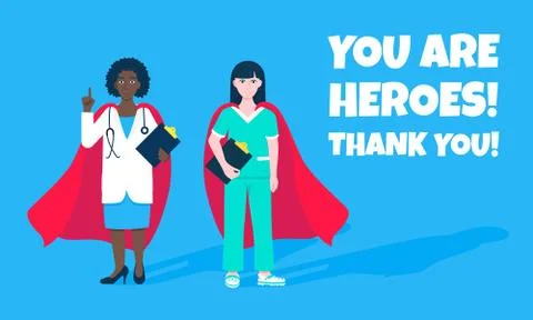 Two doctors with hero cape behind hospital medical employee. Stock Illustration