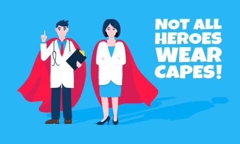 Two doctors with hero cape behind hospital medical employee fight against Illustrazione stock