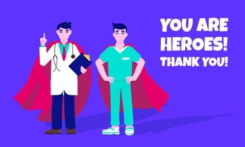 Two doctors with hero cape behind hospital medical employee fight against Stock Illustration