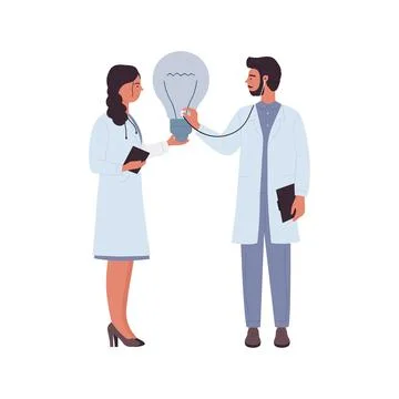 Two doctors holding light bulb, man and woman find creative medical idea Stock Illustration