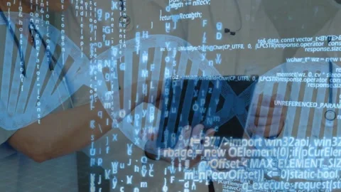 Two doctors moving tablet in clinic, DNA helix and code overlaying tablet Stock Footage 330356162