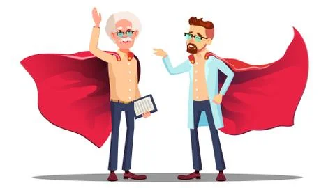 Two Doctors In Read Cloak Of Super Hero Vector. Isolated Cartoon Illustration Stock Illustration
