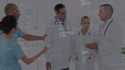 Two doctors receiving nurse file activating animated chart highlighting notes Stock Footage 319853429