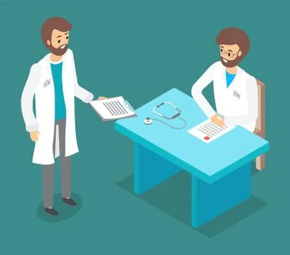 Two doctors talking, physician with clipboard standing near table with sitting Stock Illustration