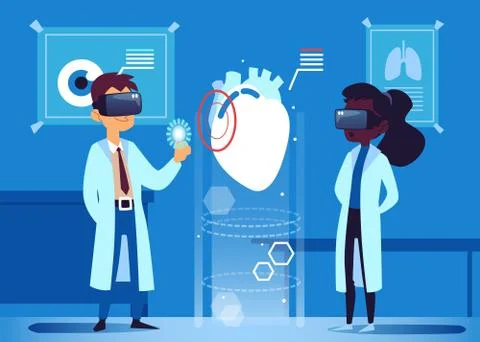 Two doctors use virtual reality VR glasses to look at human heart Ilustración de archivo