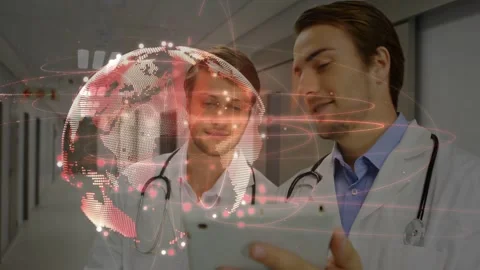 Two doctors using tablet in hall, globe appearing over them rotating, colleague Stock Footage 333837093