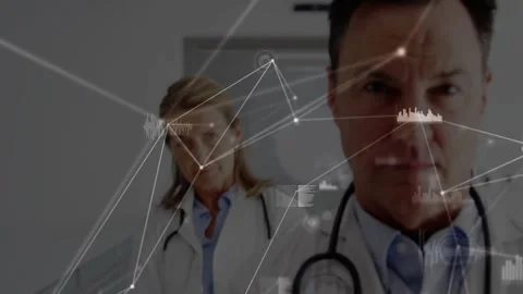 Two doctors walking corridor male stepping forward sparking HUD nodes on Stock Footage 330508783