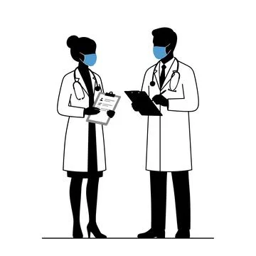 Two doctors wearing blue face masks and white lab coats with stethoscopes d.. Stock Illustration