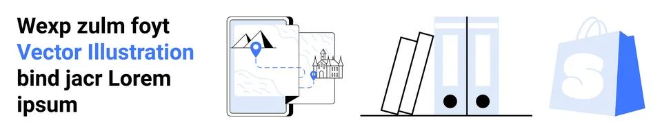 Two document pages with map and image, two leaning folders, and blue shopping 库存插图