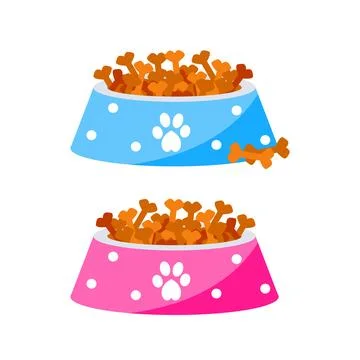 Two dog bowls full of bone shaped kibble isolated on white background Stock Illustration