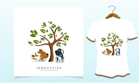 Two dog play under the tree, , Dog T Shirt Images, Stock Photos &amp; Vectors Stock Illustration