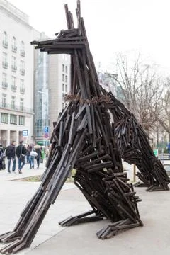 Two dog statue made from many wooden Stock Photos