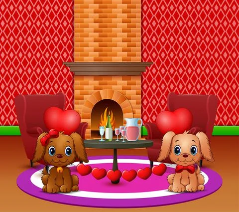 Two dogs bite heart balloons in a romantic living room Ilustração Stock