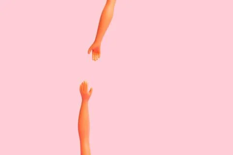 Two doll hands trying to catch each other on a pink background with copy spac Foto stock