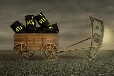 Two dollar bill dragging a farm cart of black Metal Oil Barrels on asphalt in Stock Illustration