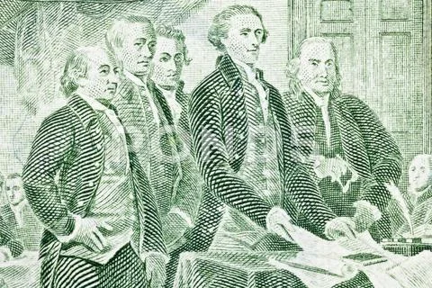 Two dollar bill macro presenting of declaration of independence Stock Photos