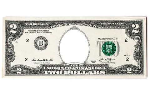 Two dollars bills image as a frame for personal photographs on white backgrou Foto stock