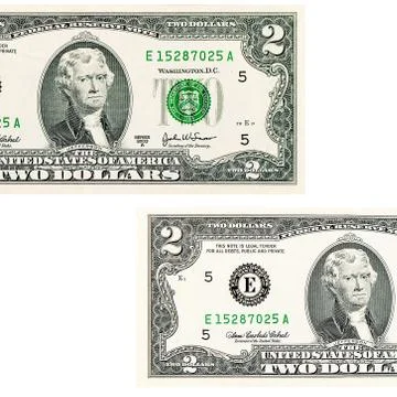 Two dollars isolated on white background Stock Photos