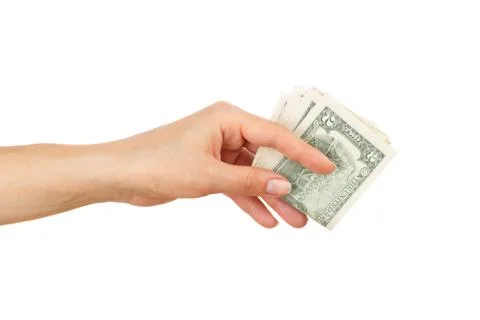 Two dollars in the woman's hand, isolated Stock Photos