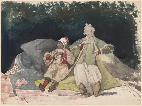 Two Dolls or Puppets Sitting on Cushions, c. 1870-80. Henri Joseph Harpigni.. Stock Illustration