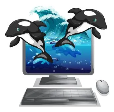 Two dolphines jumping out of computer screen Stock Illustration