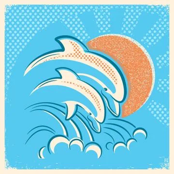 Two dolphins and sun.Vector retro illustration of parent and baby underwater Stock Illustration