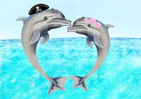 The two dolphins are looking at each other Stock Illustration