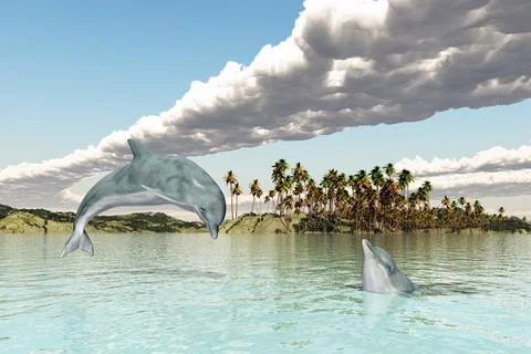 Two dolphins in a coastal landscape Stock Illustration