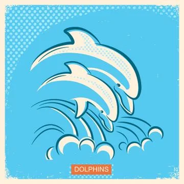 Two dolphins.Vector retro illustration of parent and baby underwater Stock Illustration