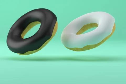 Two donuts with dark and white icing levitate on a light green background. 3D Stock Illustration