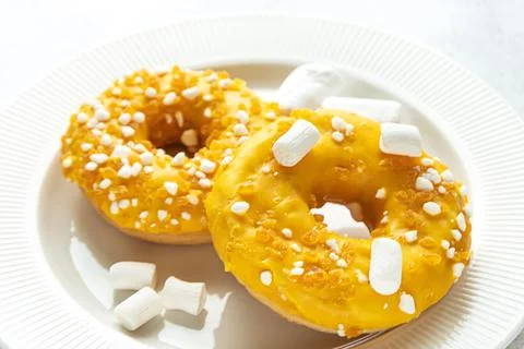 Two donuts with marshmallows on a white plate Stock Photos
