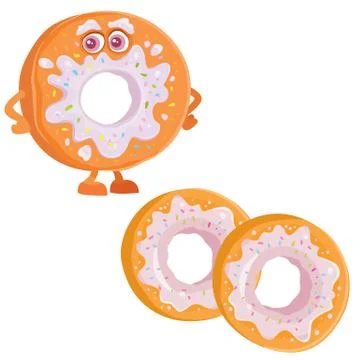 Two donuts with pink icing and a donut character, isolated object on white 스톡 일러스트