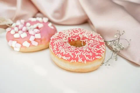 Two donuts with sprinkles and marshmallows, on a white background Stock Photos