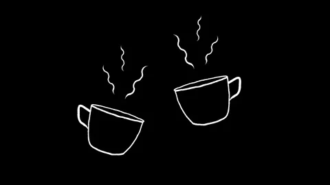 Two doodle steaming cups pop up and wiggle on black. Line art 4K animation. Vídeo Stock 320908113