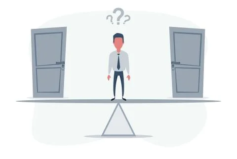 Two doors, men unable to make the right decision concept with question marks Stock Illustration