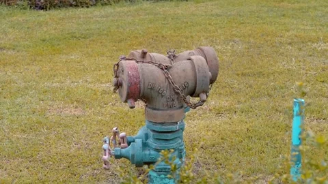 Two double overground fire hydrants are standing on the yellow burned grass  Video stock 308897007