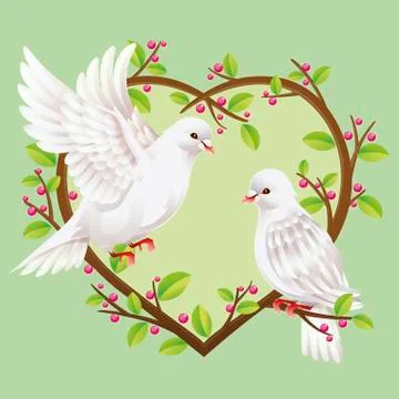 Two Doves on a heart shape tree Stock Illustration