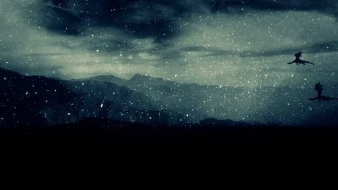 Two Dragon Fly Under a Snow Storm Above Mountains Stock Footage 110891814