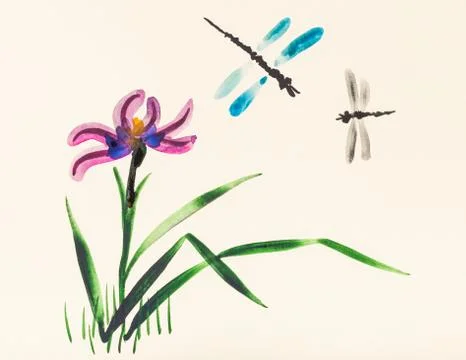 Two dragonflies over iris flower on meadow Ilustração Stock