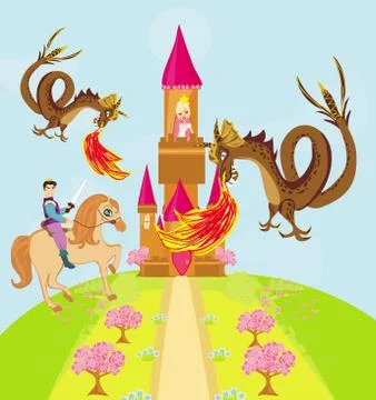Two dragons attacking the princess castle Stock Illustration