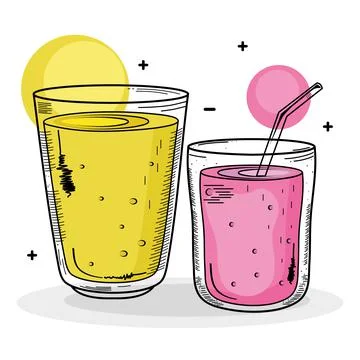 Two drinks yellow and pink colors drawing icons Stock Illustration