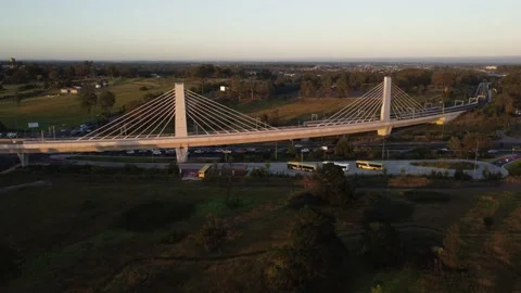 Two Driverless Trains Passing over Rail Bridge in the Morning Video stock 150409902